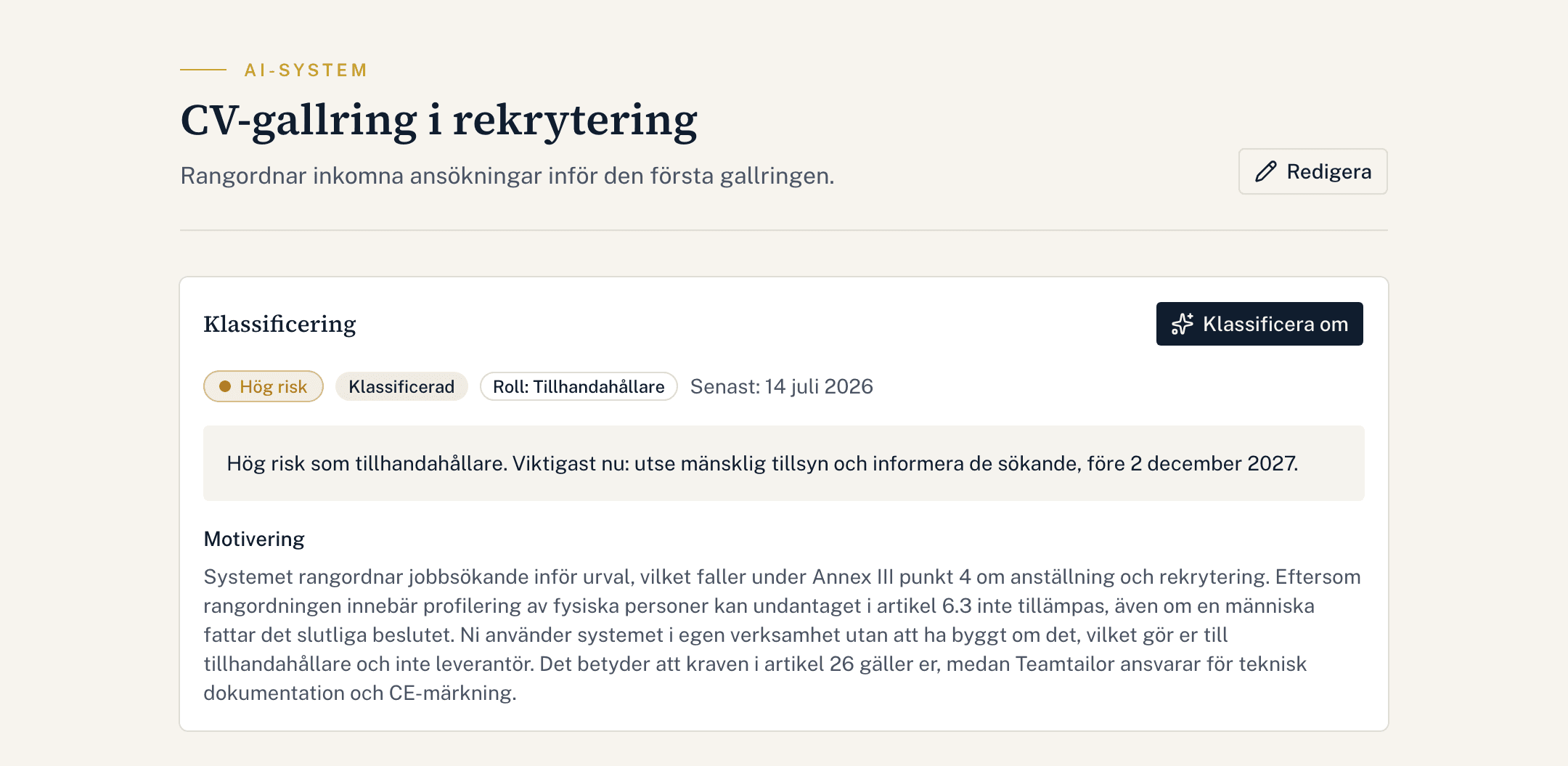Risknivå och roll, med en motivering ni kan visa upp